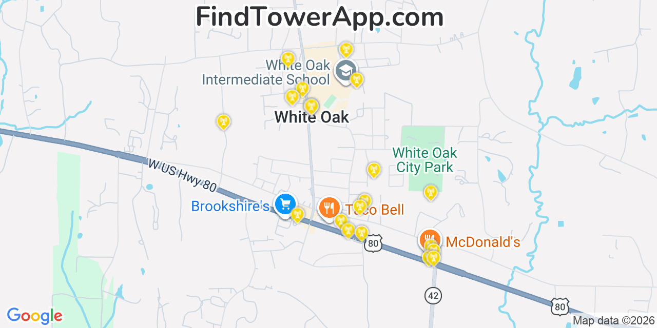 Map showing the 20 primary cell tower locations detected in White Oak, Texas from AT&T, Verizon, and T-Mobile networks