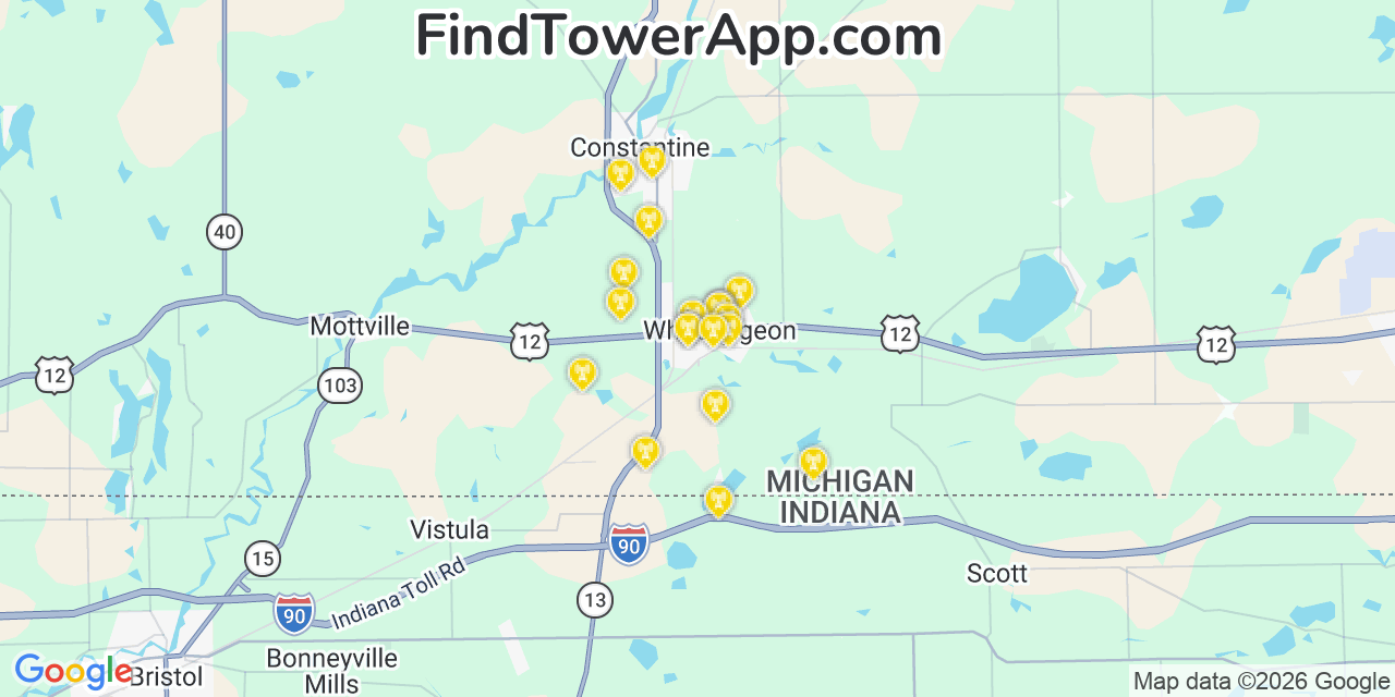 Map showing the 20 primary cell tower locations detected in White Pigeon, Michigan from AT&T, Verizon, and T-Mobile networks