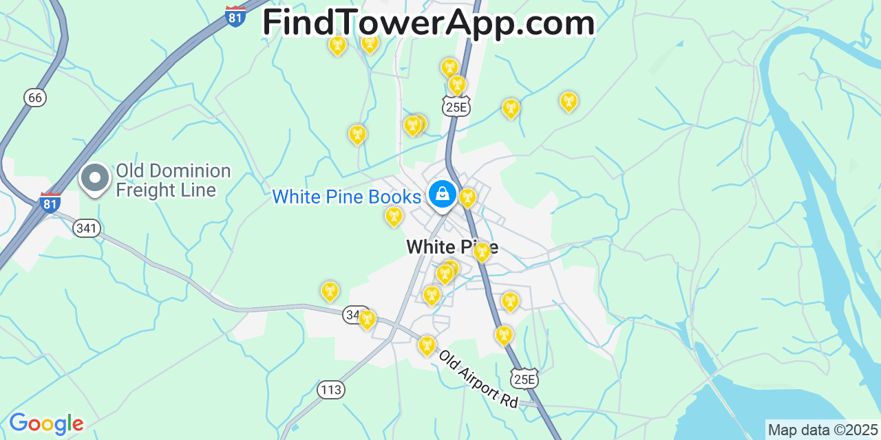 Map showing the 20 primary cell tower locations detected in White Pine, Tennessee from AT&T, Verizon, and T-Mobile networks