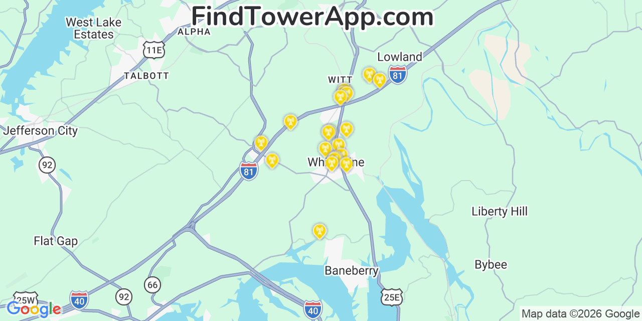 Map showing the 20 primary cell tower locations detected in White Pine, Tennessee from AT&T, Verizon, and T-Mobile networks
