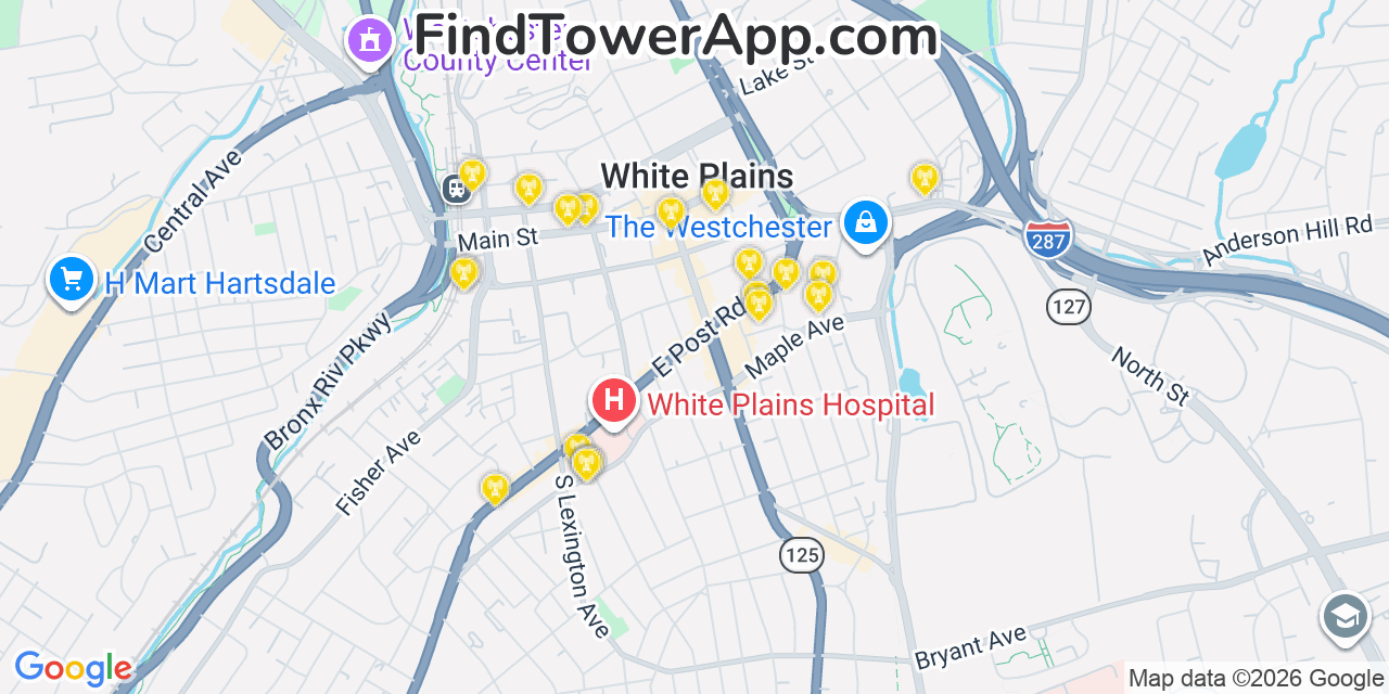 Map showing the 20 primary cell tower locations detected in White Plains, New York from AT&T, Verizon, and T-Mobile networks