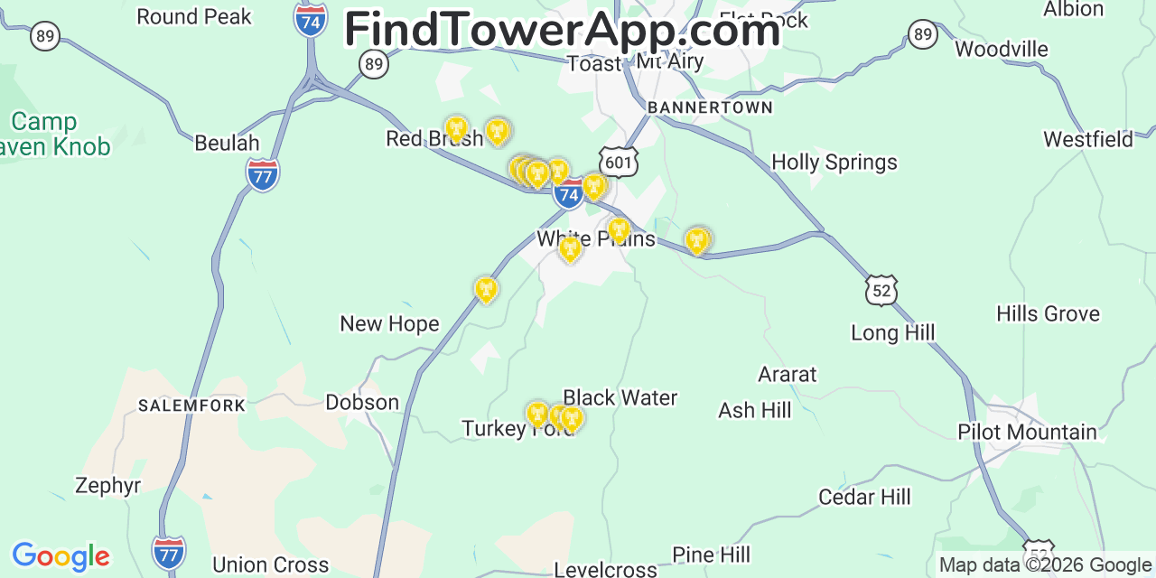Map showing the 20 primary cell tower locations detected in White Plains, North Carolina from AT&T, Verizon, and T-Mobile networks