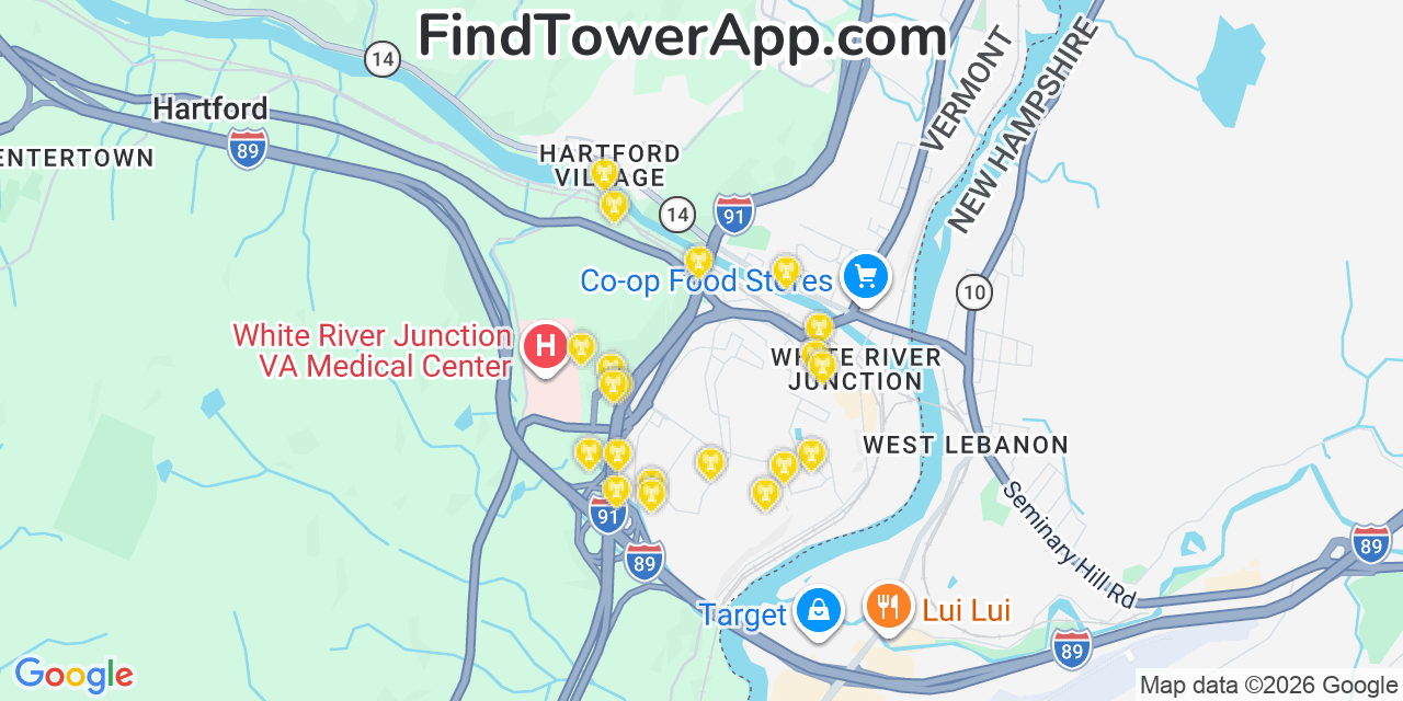 Map showing the 20 primary cell tower locations detected in White River Junction, Vermont from AT&T, Verizon, and T-Mobile networks