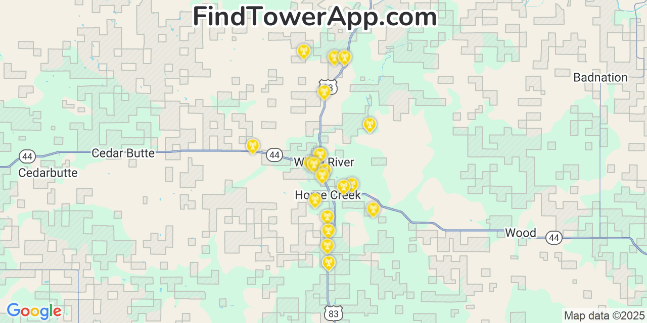 Map showing the 20 primary cell tower locations detected in White River, South Dakota from AT&T, Verizon, and T-Mobile networks