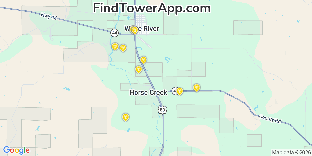 Map showing the 20 primary cell tower locations detected in White River, South Dakota from AT&T, Verizon, and T-Mobile networks