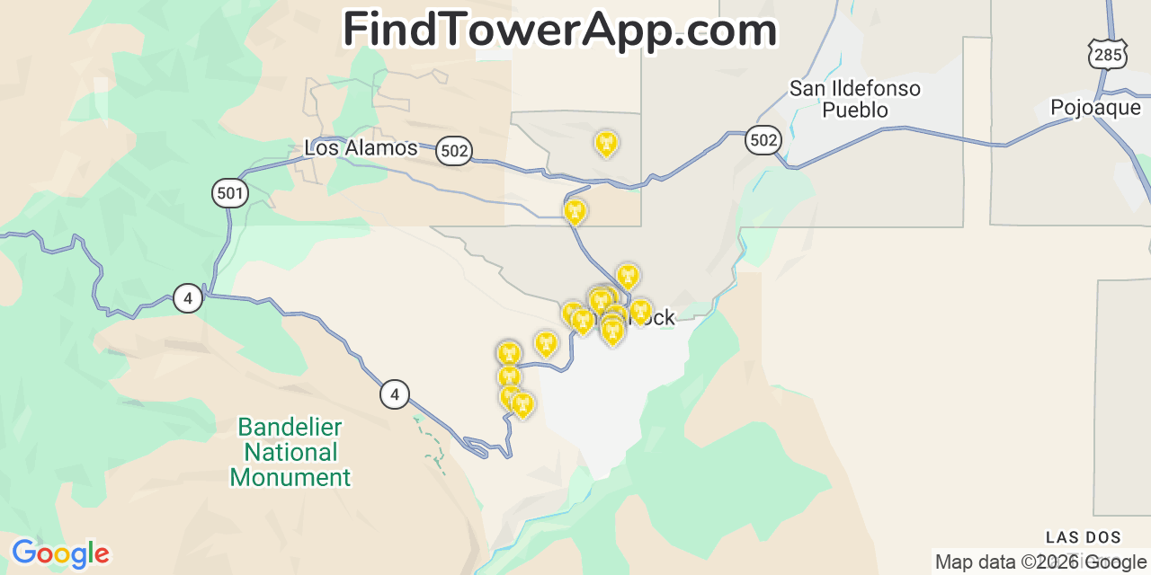 Map showing the 20 primary cell tower locations detected in White Rock, New Mexico from AT&T, Verizon, and T-Mobile networks
