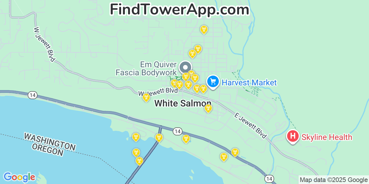 Map showing the 20 primary cell tower locations detected in White Salmon, Washington from AT&T, Verizon, and T-Mobile networks