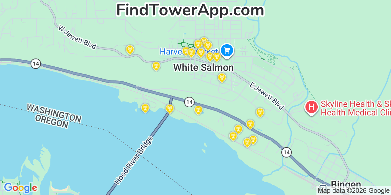 Map showing the 20 primary cell tower locations detected in White Salmon, Washington from AT&T, Verizon, and T-Mobile networks