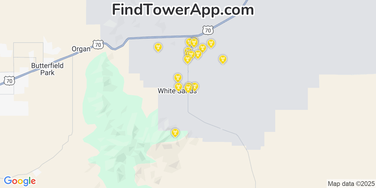 Map showing the 20 primary cell tower locations detected in White Sands, New Mexico from AT&T, Verizon, and T-Mobile networks
