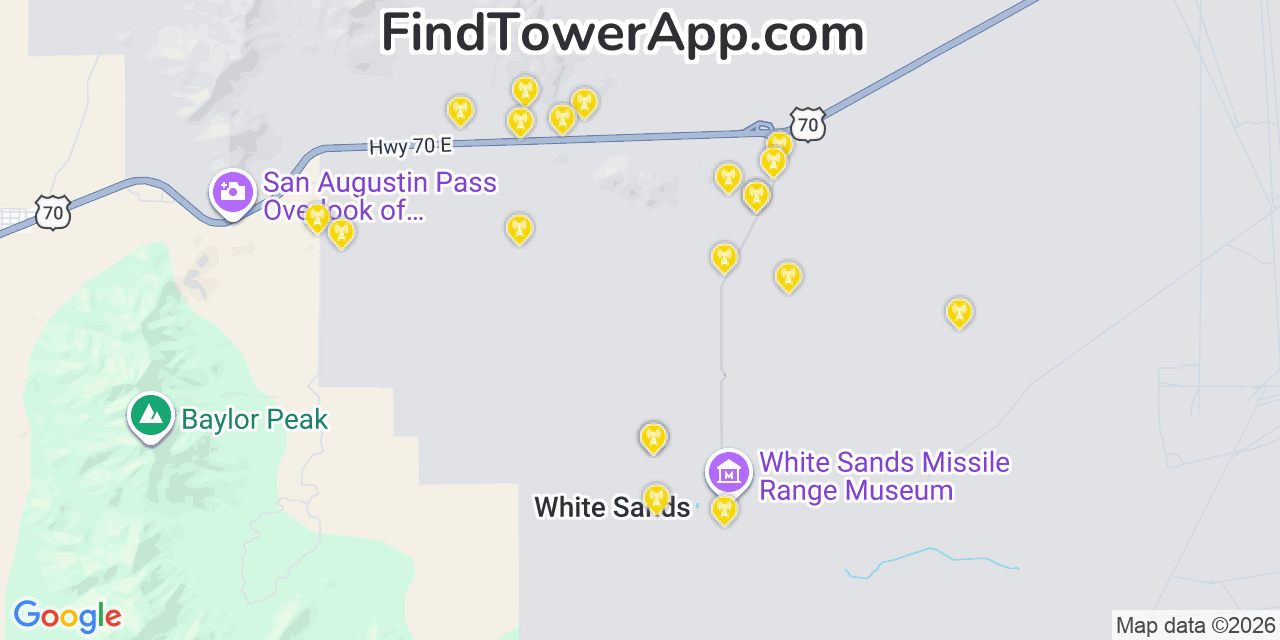 Map showing the 20 primary cell tower locations detected in White Sands, New Mexico from AT&T, Verizon, and T-Mobile networks