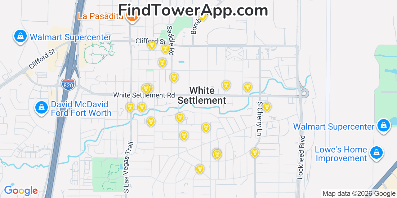 Map showing the 20 primary cell tower locations detected in White Settlement, Texas from AT&T, Verizon, and T-Mobile networks
