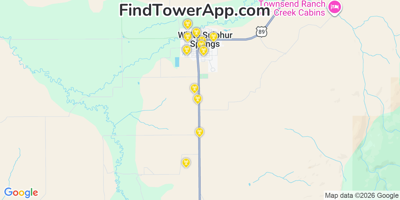 Map showing the 20 primary cell tower locations detected in White Sulphur Springs, Montana from AT&T, Verizon, and T-Mobile networks