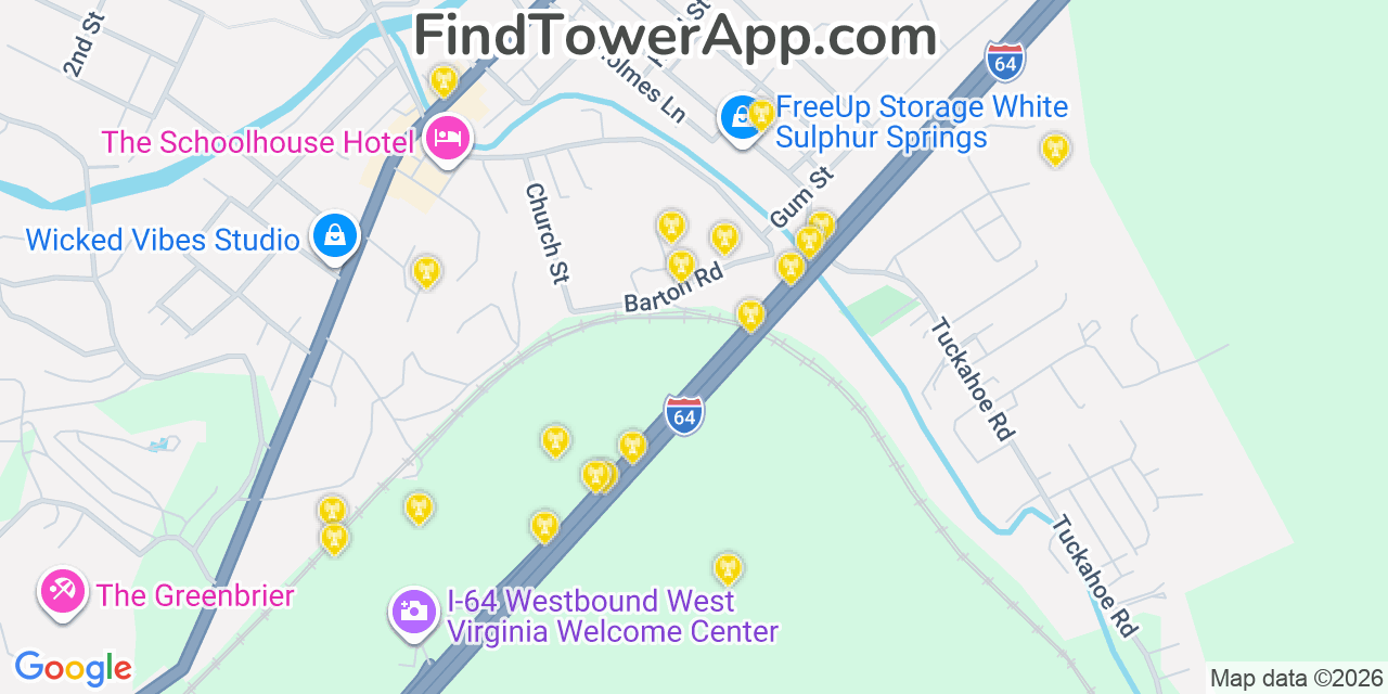 Map showing the 20 primary cell tower locations detected in White Sulphur Springs, West Virginia from AT&T, Verizon, and T-Mobile networks