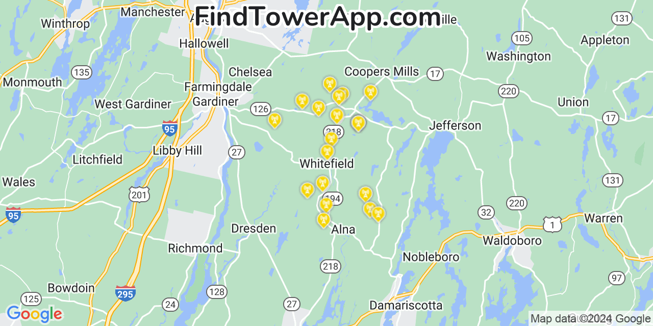 AT&T 4G/5G cell tower coverage map Whitefield, Maine