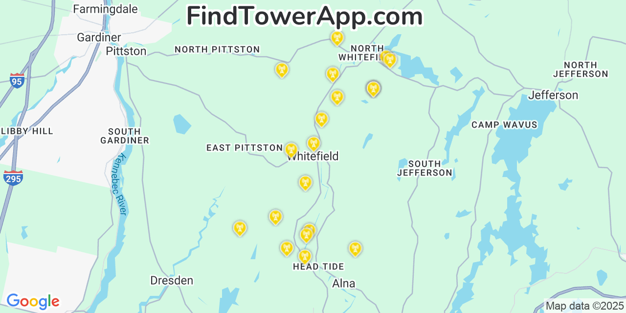 Map showing the 20 primary cell tower locations detected in Whitefield, Maine from AT&T, Verizon, and T-Mobile networks
