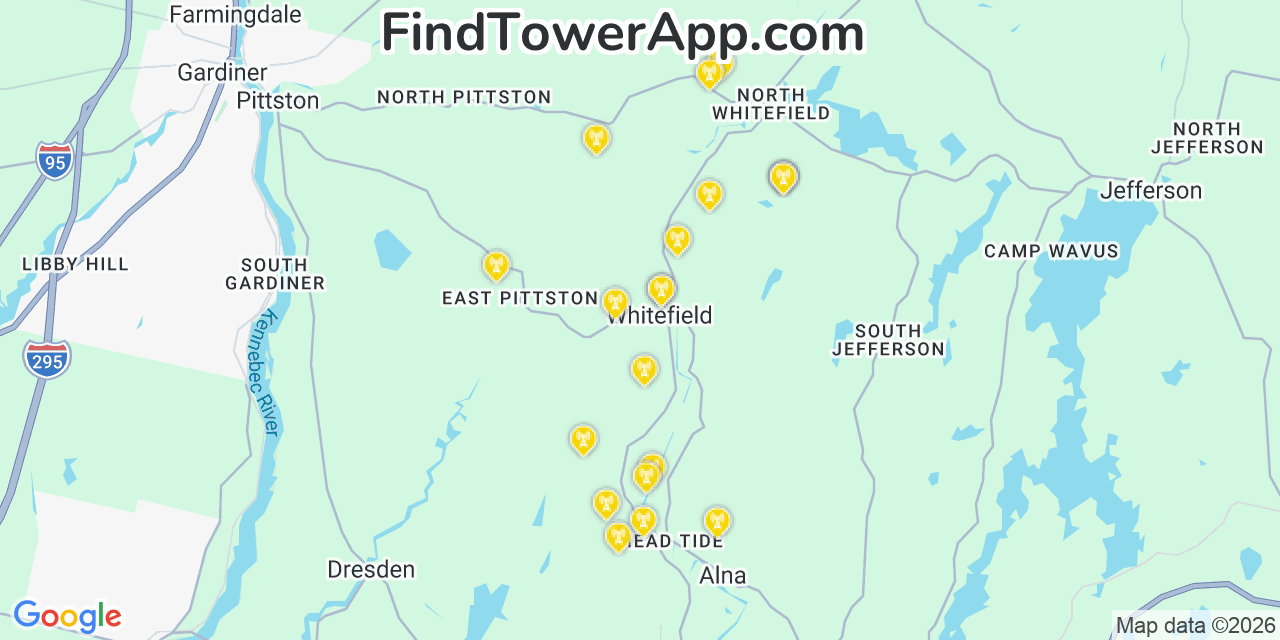 Map showing the 20 primary cell tower locations detected in Whitefield, Maine from AT&T, Verizon, and T-Mobile networks