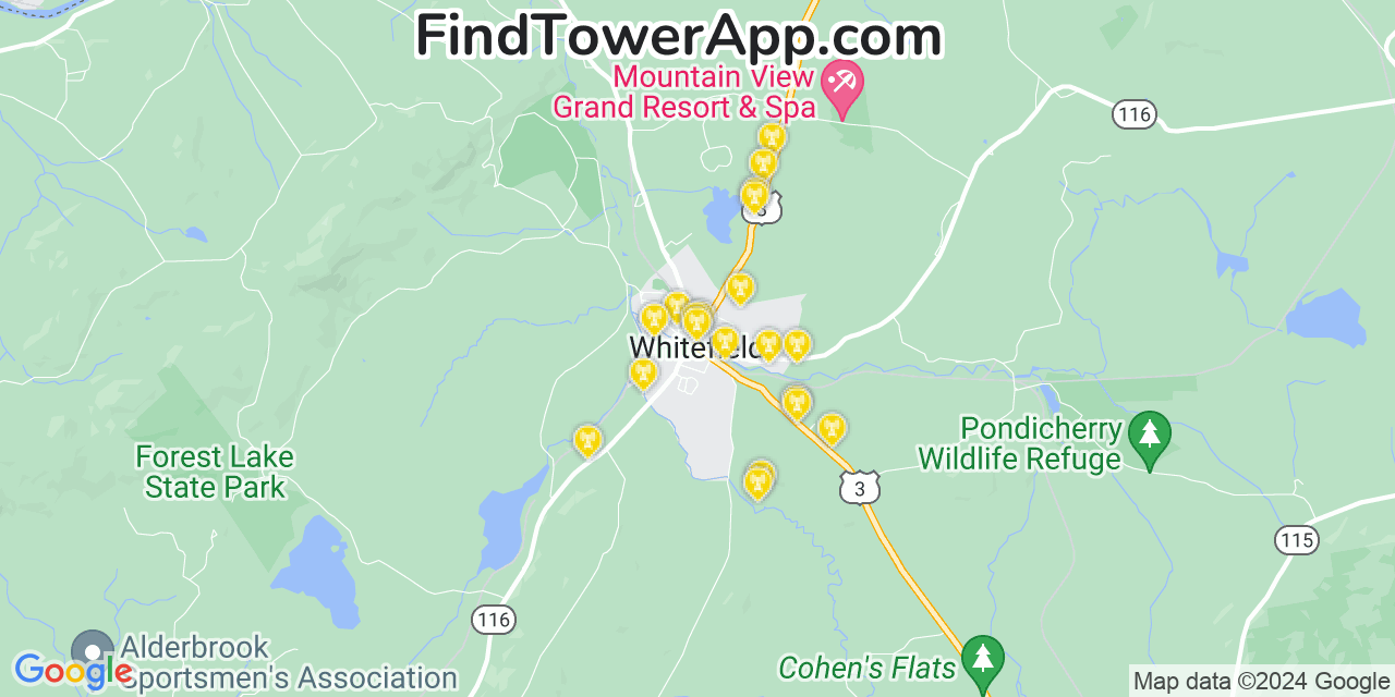 AT&T 4G/5G cell tower coverage map Whitefield, New Hampshire