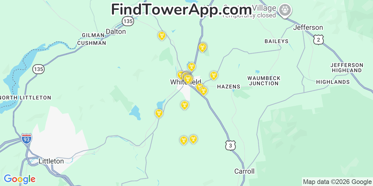 Map showing the 20 primary cell tower locations detected in Whitefield, New Hampshire from AT&T, Verizon, and T-Mobile networks