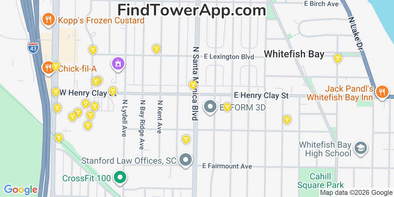 Map showing the 20 primary cell tower locations detected in Whitefish Bay, Wisconsin from AT&T, Verizon, and T-Mobile networks