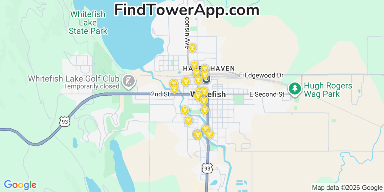 Map showing the 20 primary cell tower locations detected in Whitefish, Montana from AT&T, Verizon, and T-Mobile networks