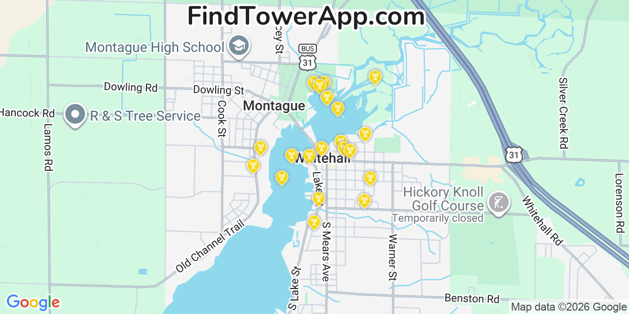 Map showing the 20 primary cell tower locations detected in Whitehall, Michigan from AT&T, Verizon, and T-Mobile networks