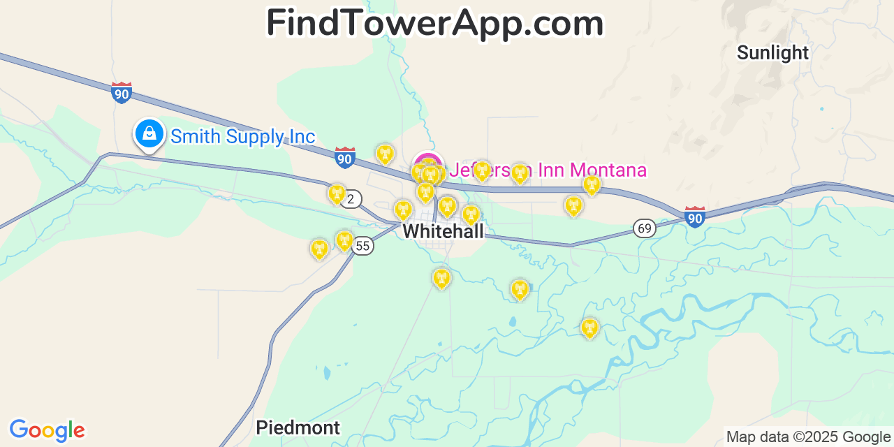 Map showing the 20 primary cell tower locations detected in Whitehall, Montana from AT&T, Verizon, and T-Mobile networks