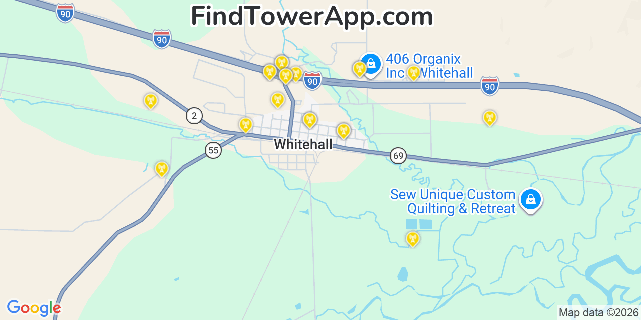 Map showing the 20 primary cell tower locations detected in Whitehall, Montana from AT&T, Verizon, and T-Mobile networks