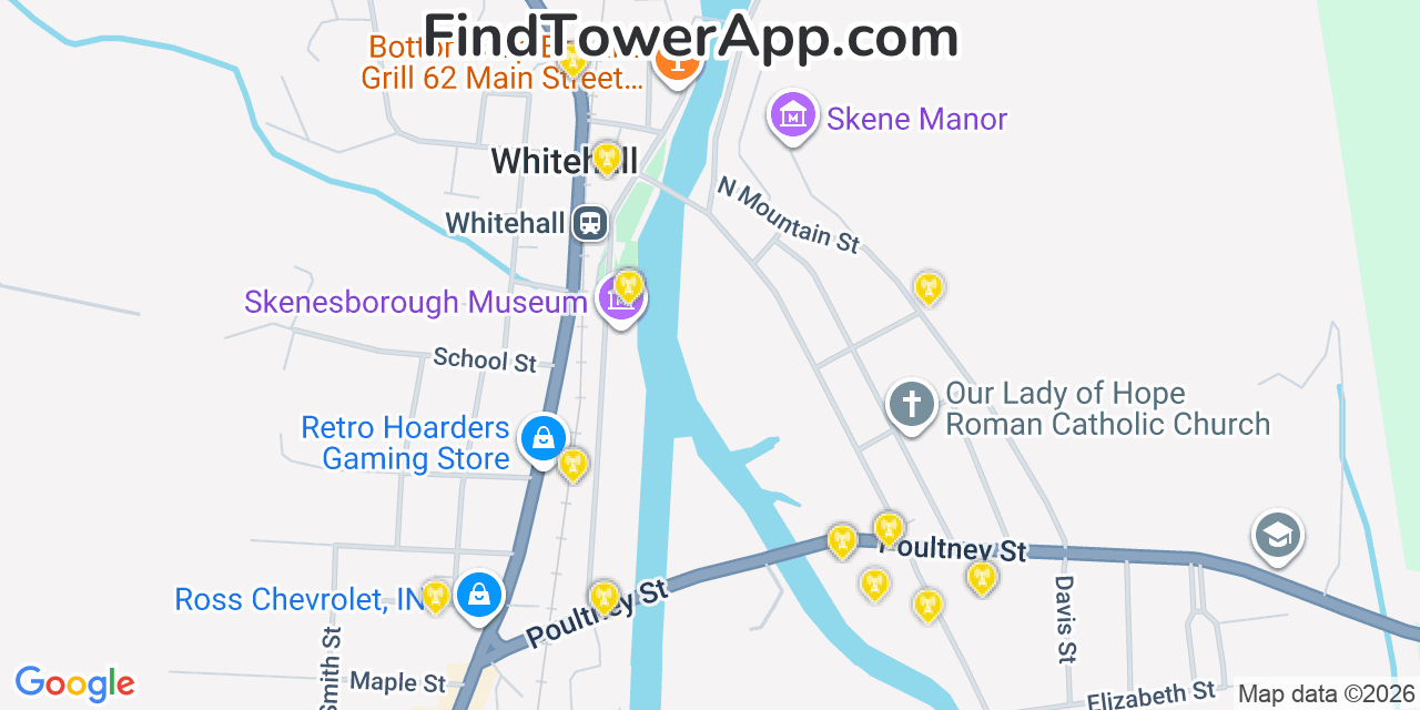 Map showing the 20 primary cell tower locations detected in Whitehall, New York from AT&T, Verizon, and T-Mobile networks