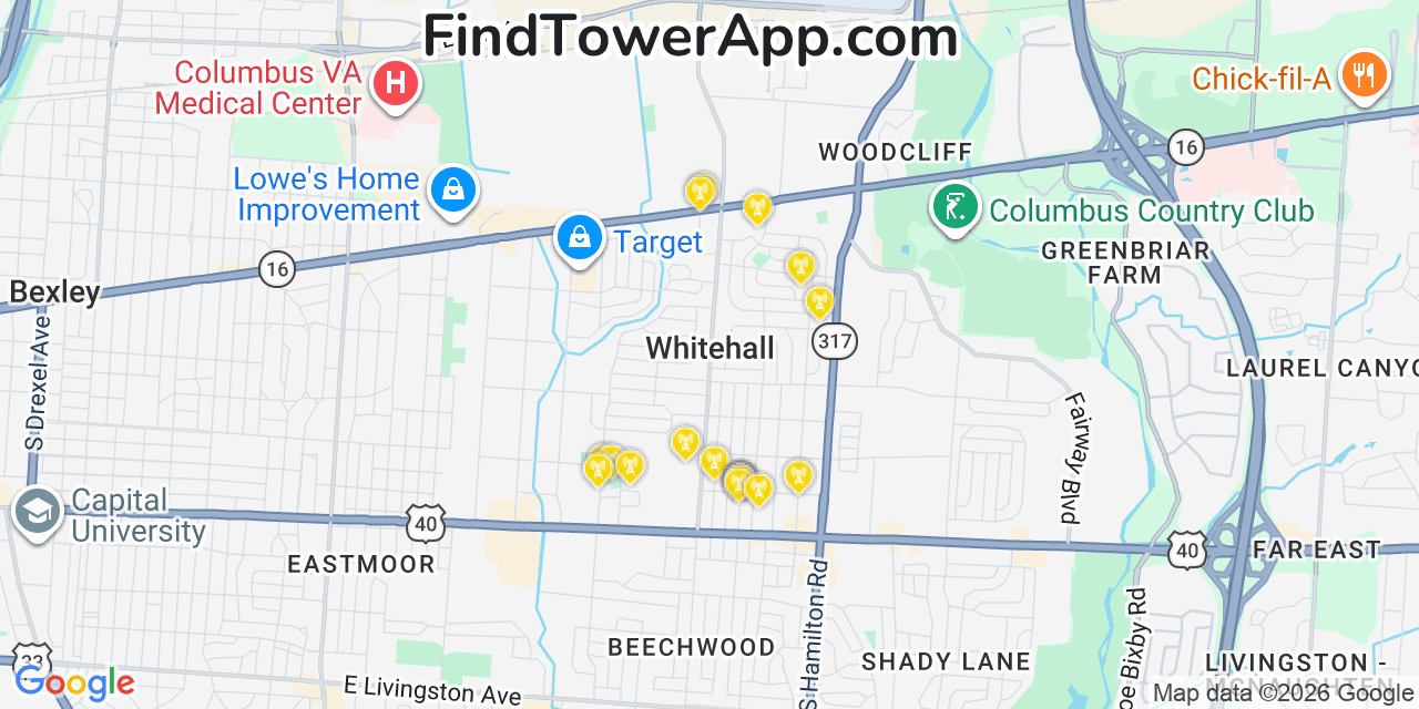 Map showing the 20 primary cell tower locations detected in Whitehall, Ohio from AT&T, Verizon, and T-Mobile networks