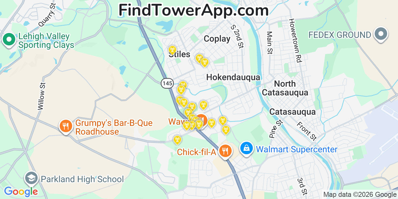 Map showing the 20 primary cell tower locations detected in Whitehall, Pennsylvania from AT&T, Verizon, and T-Mobile networks
