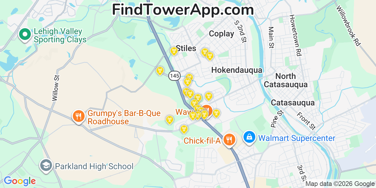 Map showing the 20 primary cell tower locations detected in Whitehall Township, Pennsylvania from AT&T, Verizon, and T-Mobile networks