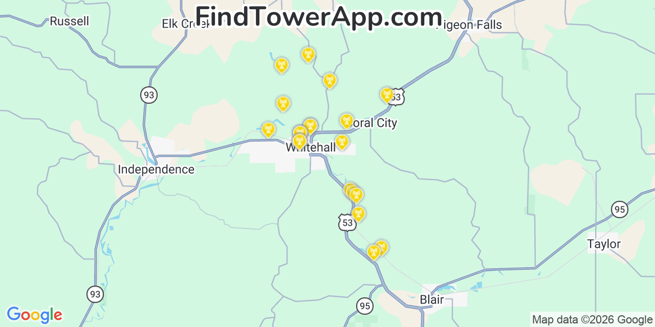 Map showing the 20 primary cell tower locations detected in Whitehall, Wisconsin from AT&T, Verizon, and T-Mobile networks