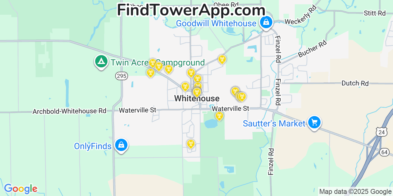 Map showing the 20 primary cell tower locations detected in Whitehouse, Ohio from AT&T, Verizon, and T-Mobile networks