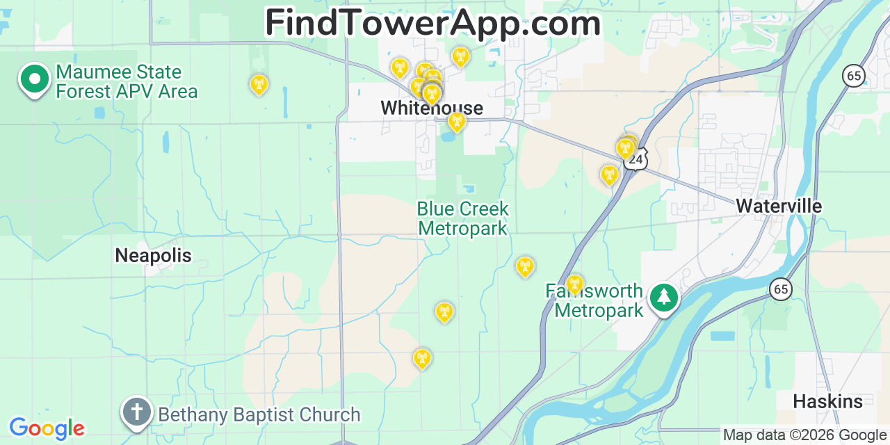Map showing the 20 primary cell tower locations detected in Whitehouse, Ohio from AT&T, Verizon, and T-Mobile networks