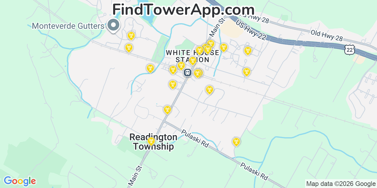 Map showing the 20 primary cell tower locations detected in Whitehouse Station, New Jersey from AT&T, Verizon, and T-Mobile networks