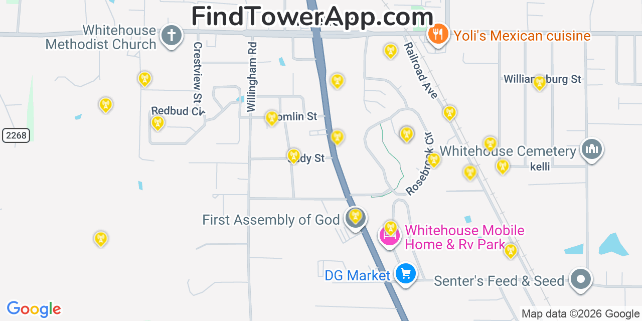 Map showing the 20 primary cell tower locations detected in Whitehouse, Texas from AT&T, Verizon, and T-Mobile networks