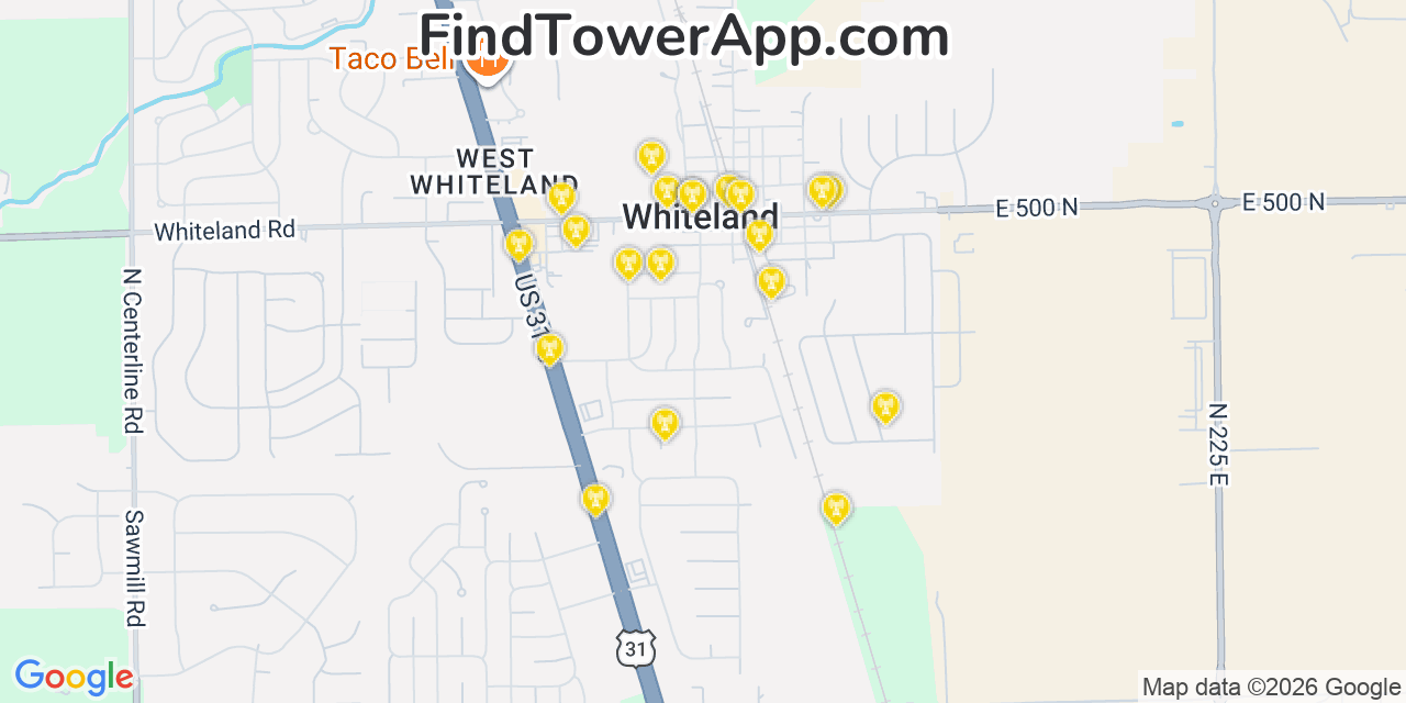 Map showing the 20 primary cell tower locations detected in Whiteland, Indiana from AT&T, Verizon, and T-Mobile networks