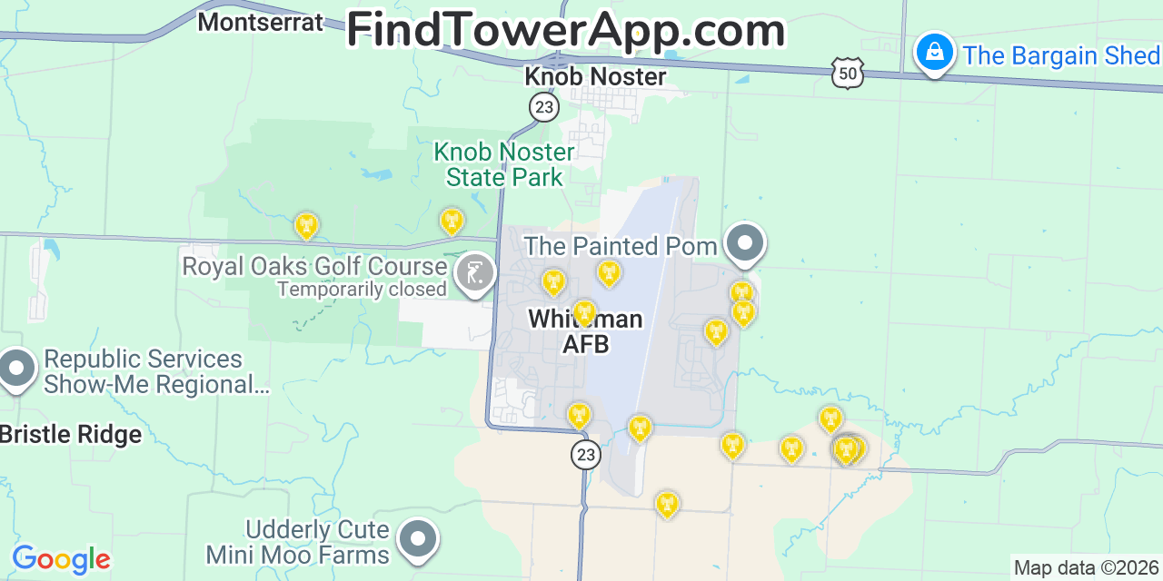 Map showing the 20 primary cell tower locations detected in Whiteman Air Force Base, Missouri from AT&T, Verizon, and T-Mobile networks