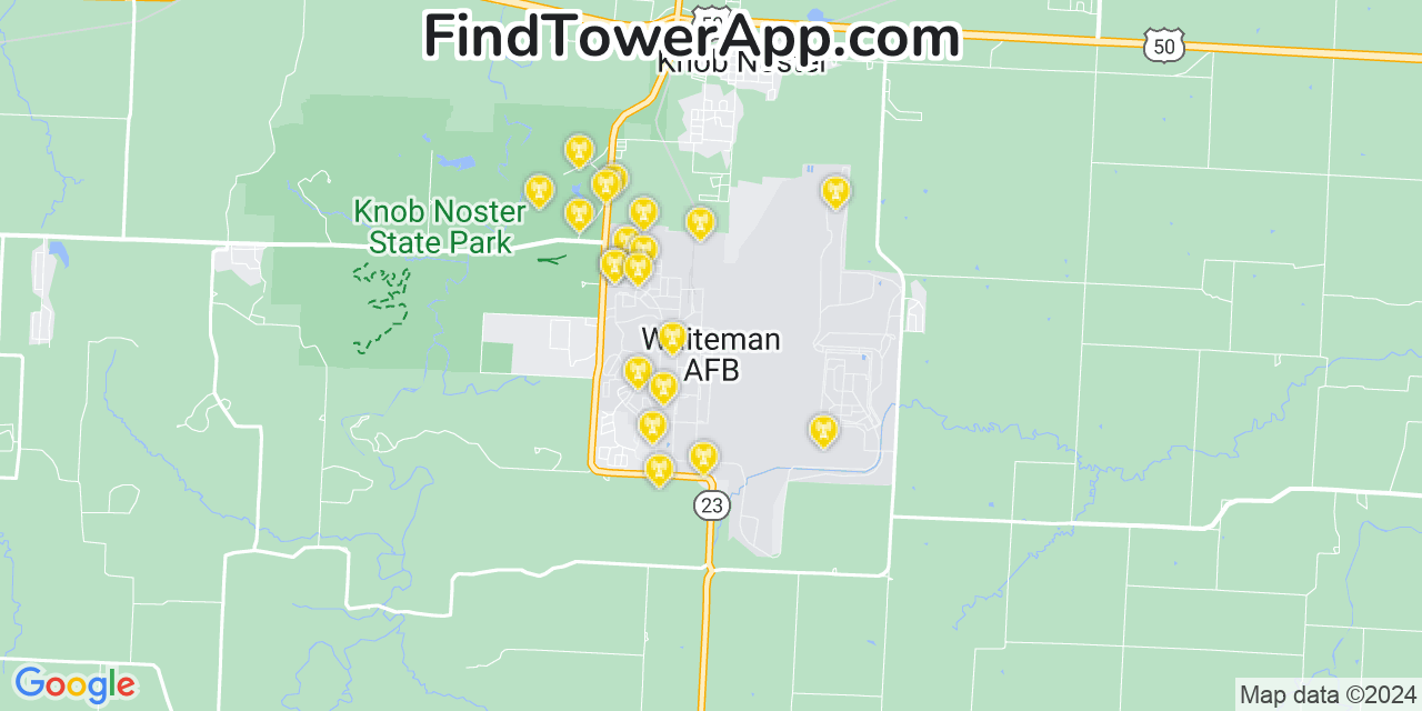 Verizon 4G/5G cell tower coverage map Whiteman Air Force Base, Missouri