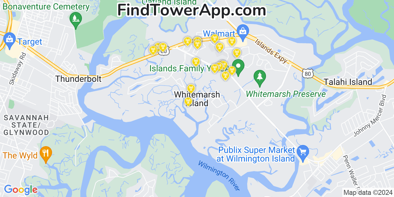 AT&T 4G/5G cell tower coverage map Whitemarsh Island, Georgia