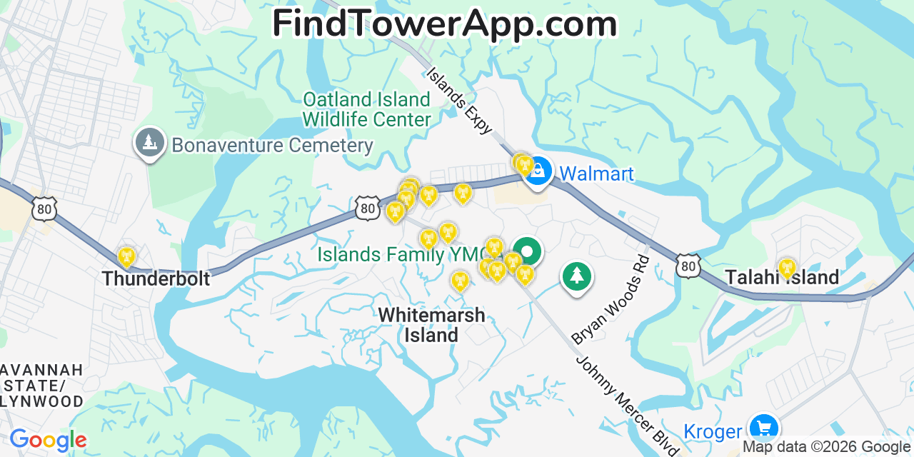 Map showing the 20 primary cell tower locations detected in Whitemarsh Island, Georgia from AT&T, Verizon, and T-Mobile networks