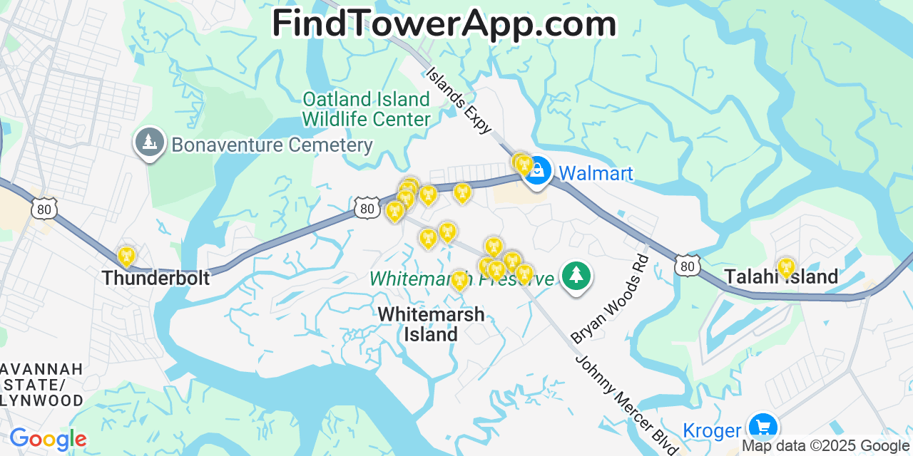 Map showing the 20 primary Mobitel cell tower locations detected in Whitemarsh Island, Georgia with coverage radius and signal strength indicators