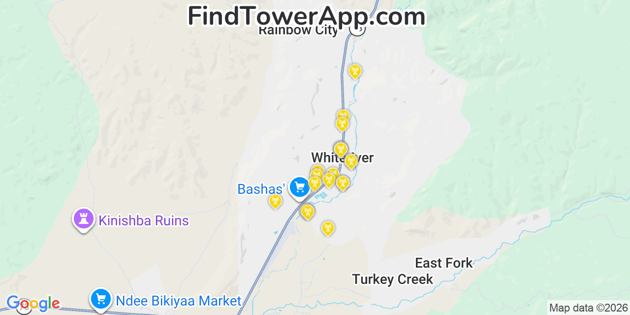 Map showing the 20 primary cell tower locations detected in Whiteriver, Arizona from AT&T, Verizon, and T-Mobile networks