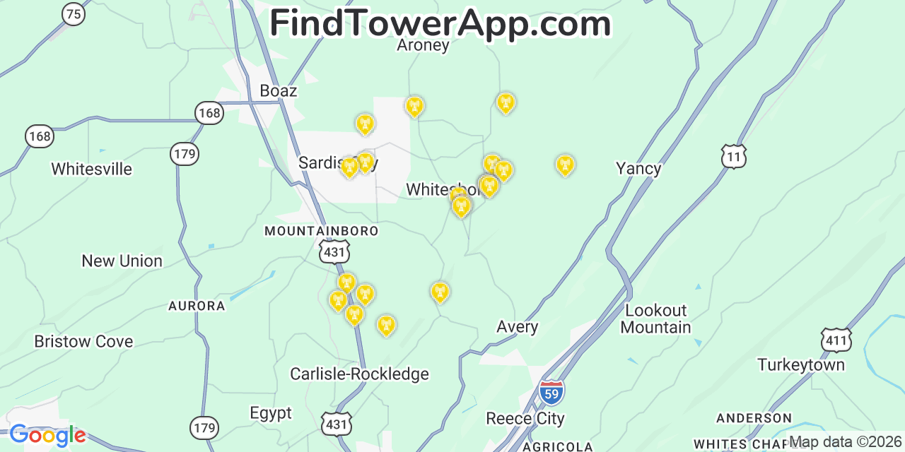 Map showing the 20 primary cell tower locations detected in Whitesboro, Alabama from AT&T, Verizon, and T-Mobile networks