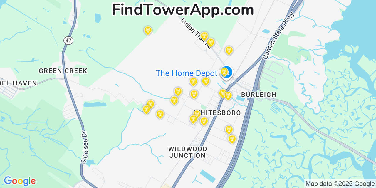 Map showing the 20 primary cell tower locations detected in Whitesboro-Burleigh, New Jersey from AT&T, Verizon, and T-Mobile networks