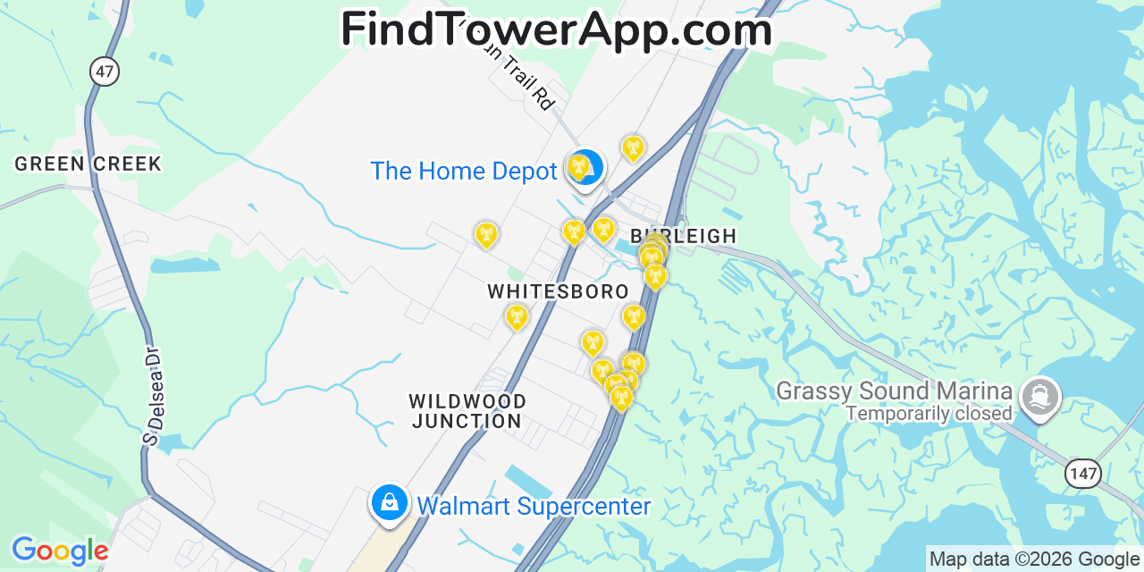 Map showing the 20 primary cell tower locations detected in Whitesboro Burleigh, New Jersey from AT&T, Verizon, and T-Mobile networks