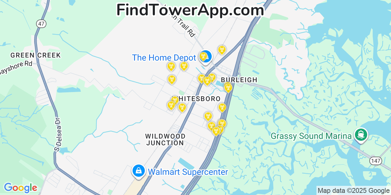 Map showing the 20 primary cell tower locations detected in Whitesboro, New Jersey from AT&T, Verizon, and T-Mobile networks