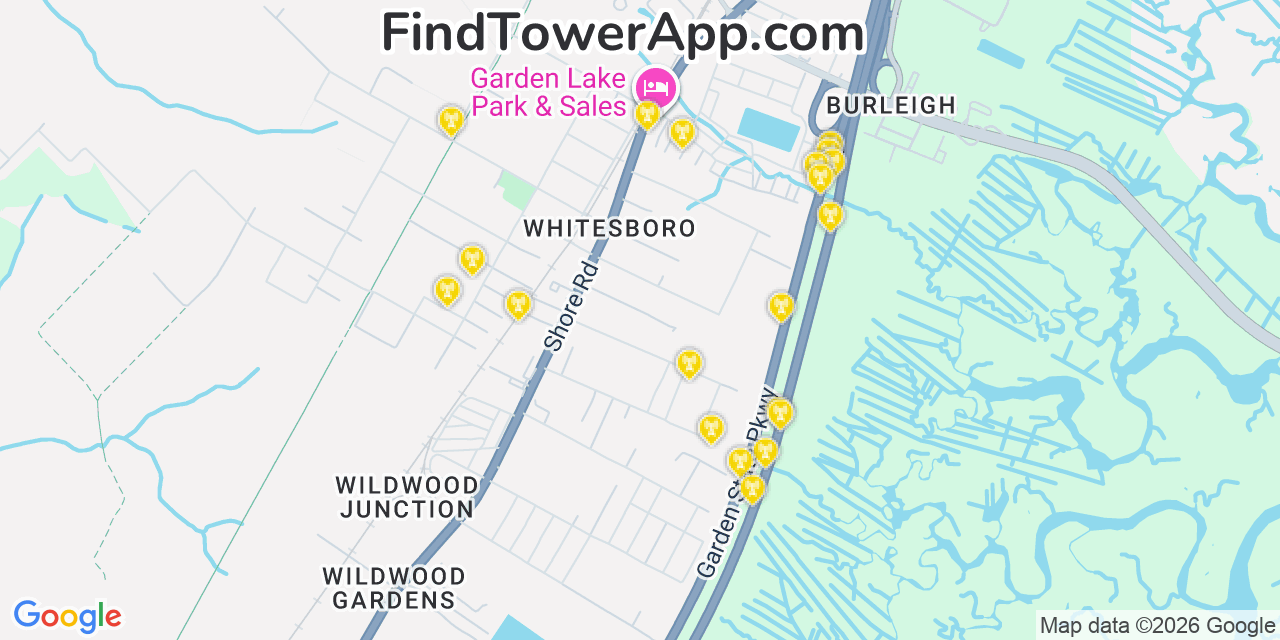 Map showing the 20 primary cell tower locations detected in Whitesboro, New Jersey from AT&T, Verizon, and T-Mobile networks