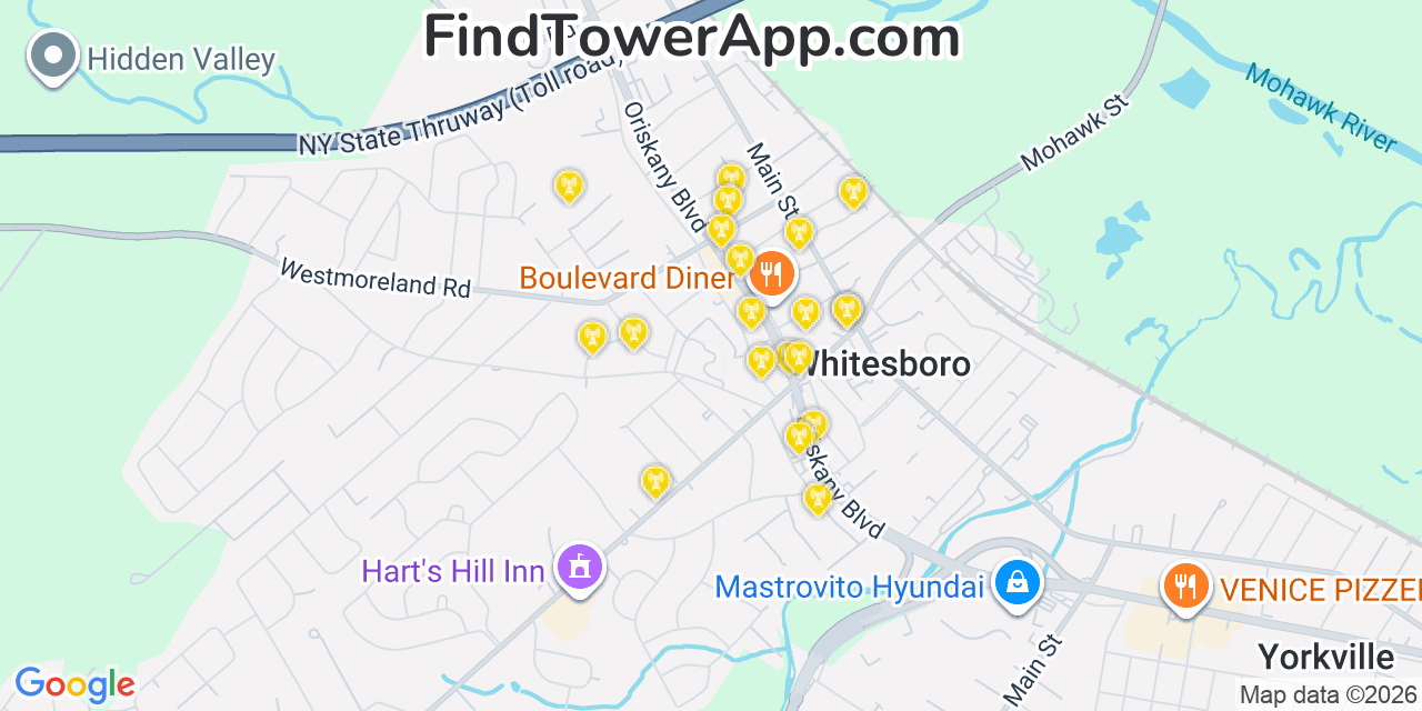 Map showing the 20 primary cell tower locations detected in Whitesboro, New York from AT&T, Verizon, and T-Mobile networks