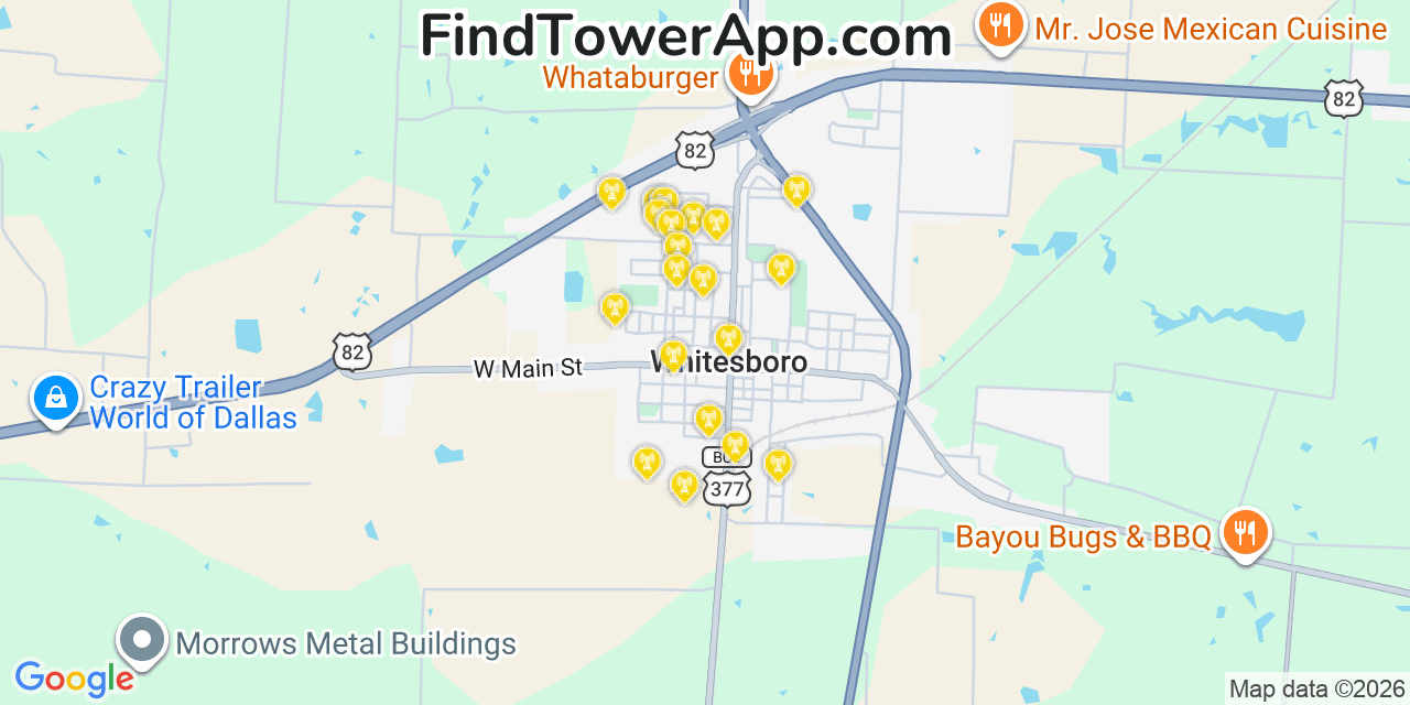 Map showing the 20 primary cell tower locations detected in Whitesboro, Texas from AT&T, Verizon, and T-Mobile networks